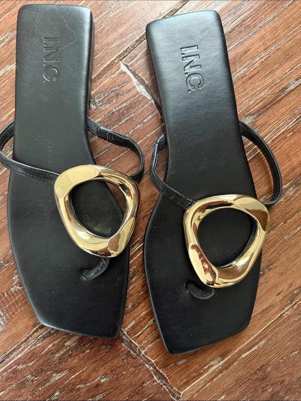 INC International Concepts Black Sandals with Gold Accent Hardware